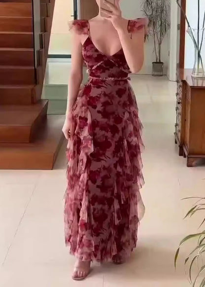 Boutique Red Ruffled Print Patchwork Chiffon Dress Summer