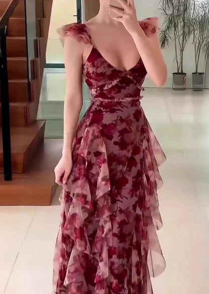 Boutique Red Ruffled Print Patchwork Chiffon Dress Summer