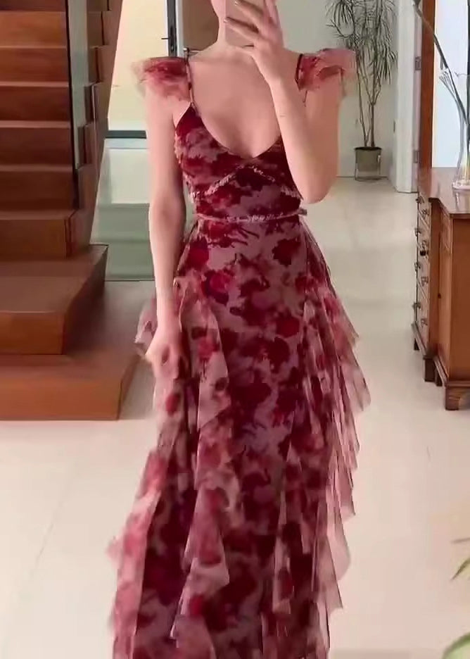 Boutique Red Ruffled Print Patchwork Chiffon Dress Summer