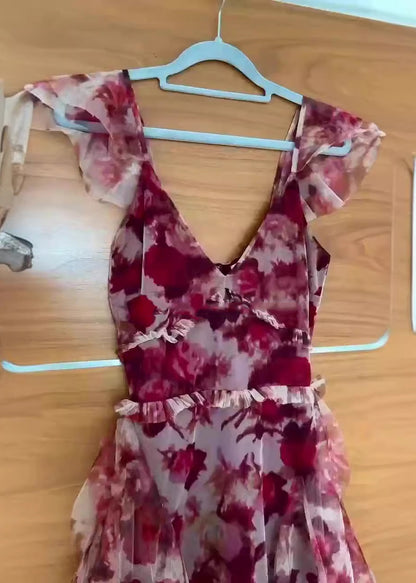 Boutique Red Ruffled Print Patchwork Chiffon Dress Summer