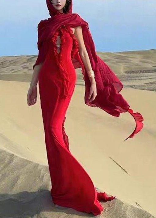 Boutique Red Ruffled Sexy Halter Backless Long Dress Summer