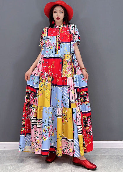 Boutique Red Stand Collar Print Patchwork Loose Long Dresses Short Sleeve