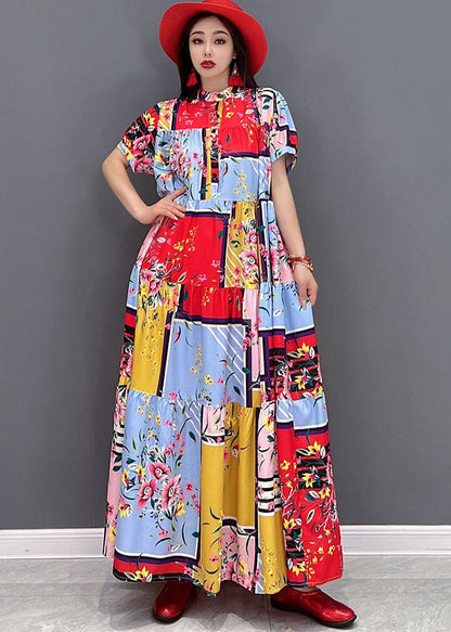 Boutique Red Stand Collar Print Patchwork Loose Long Dresses Short Sleeve