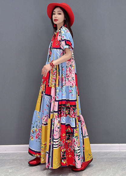Boutique Red Stand Collar Print Patchwork Loose Long Dresses Short Sleeve