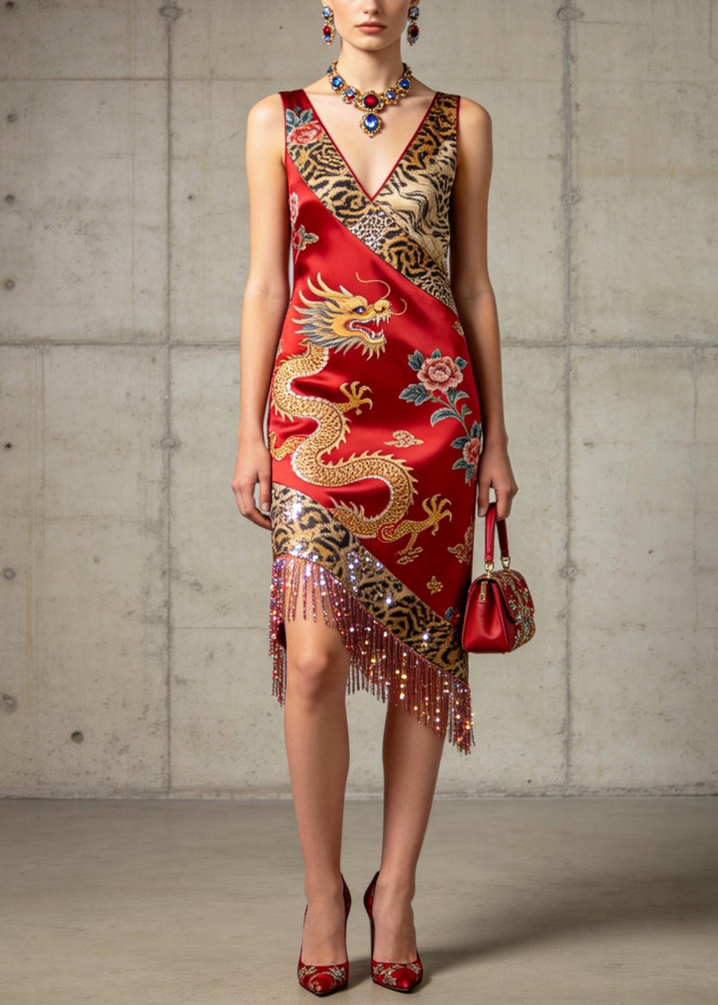 Boutique Red Tasseled Print Silk Robe Dresses Summer