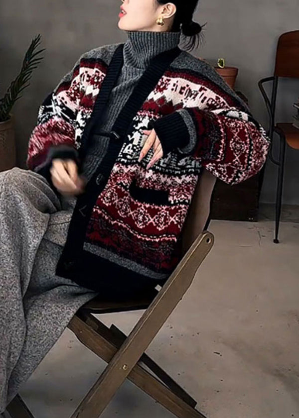 Boutique Red V Neck Jacquard Knit Cardigan Spring