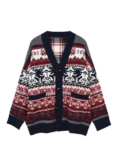 Boutique Red V Neck Jacquard Knit Cardigan Spring