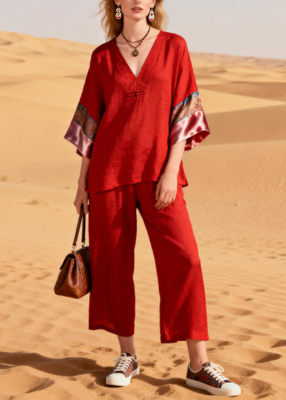 Boutique Red V Neck Patchwork Cotton Oriental Two Pieces Set Half Sleeve
