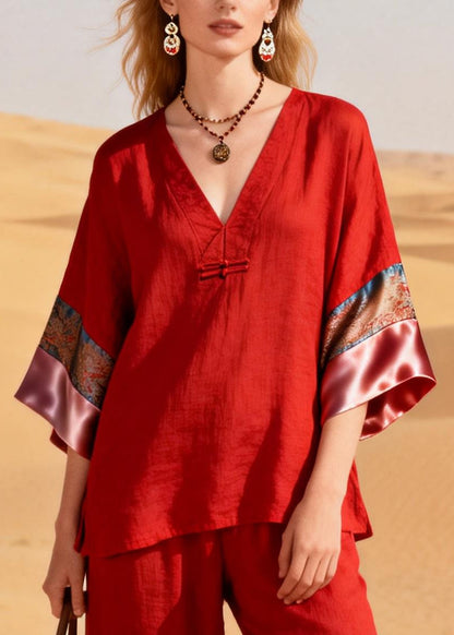 Boutique Red V Neck Patchwork Cotton Oriental Two Pieces Set Half Sleeve