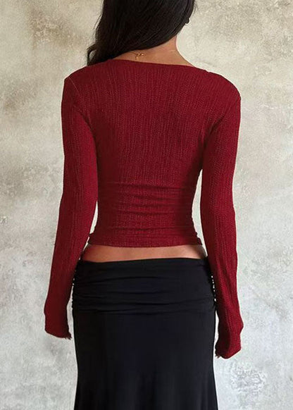 Boutique Red V Neck Sequined Patchwork Knit Tops Long Sleeve