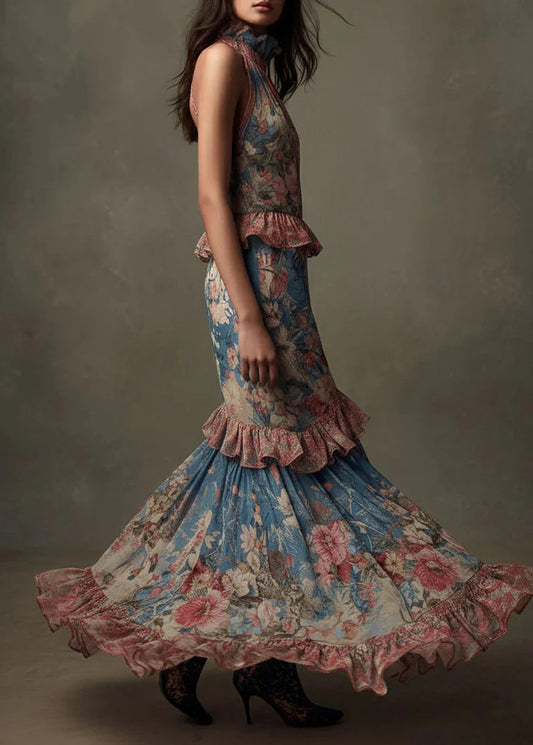 Boutique Ruffled Print Patchwork Chiffon Maxi Dresses Sleeveless