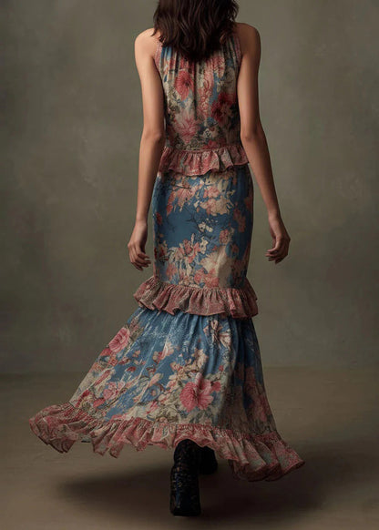 Boutique Ruffled Print Patchwork Chiffon Maxi Dresses Sleeveless