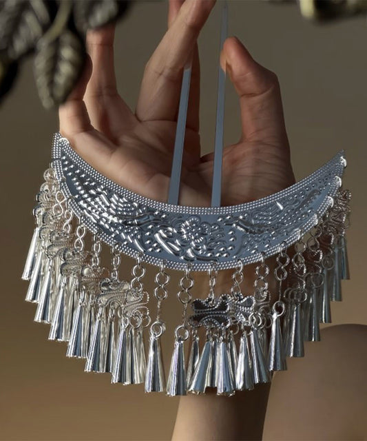 Boutique Silk Alloy Crescent Moon U-Shaped Tassel Hairpin