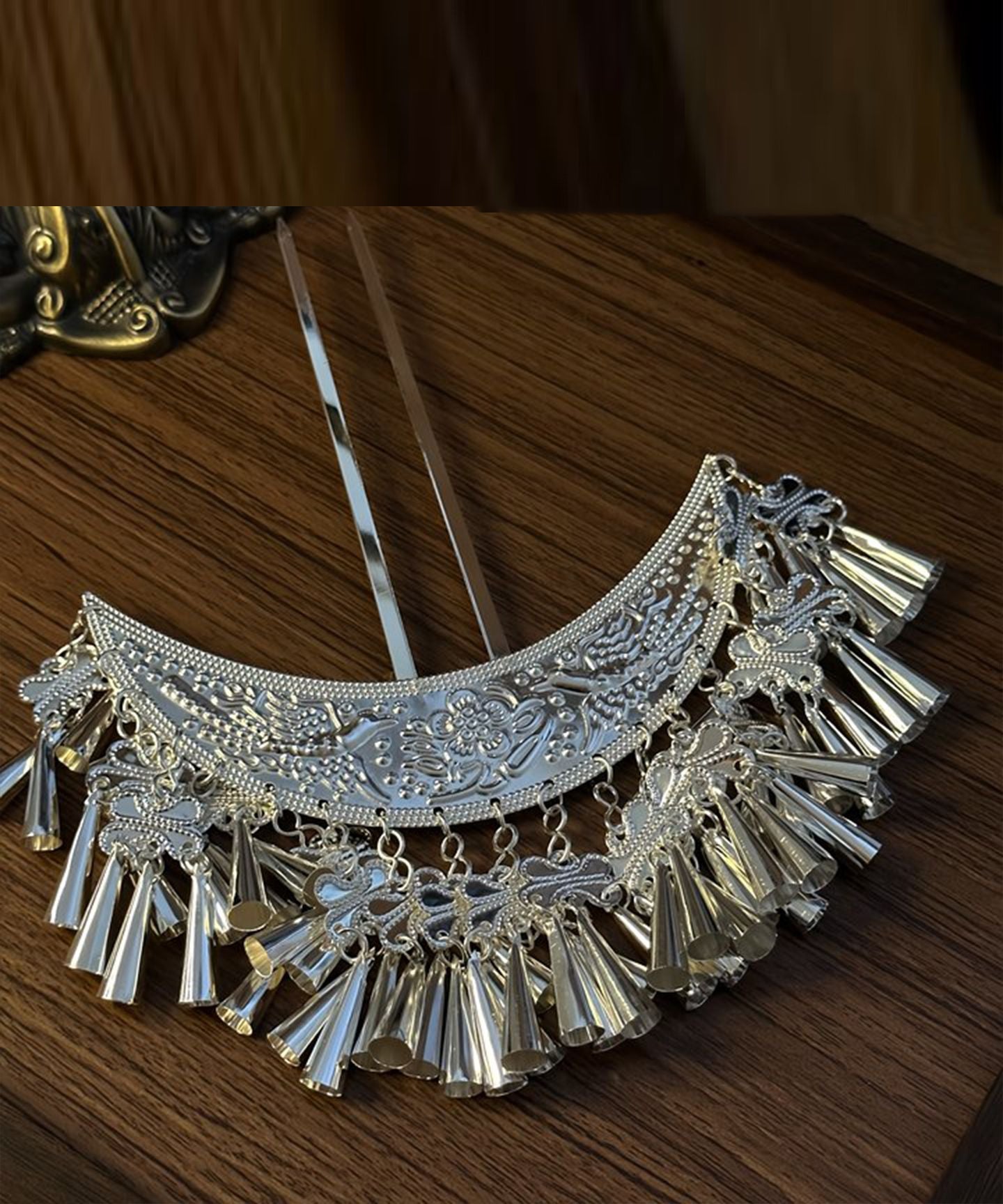 Boutique Silk Alloy Crescent Moon U-Shaped Tassel Hairpin