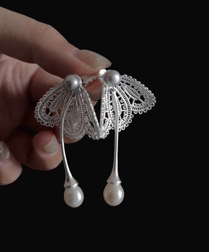 Boutique Silk Alloy Pearl Butterfly Hollow Out Drop Earrings