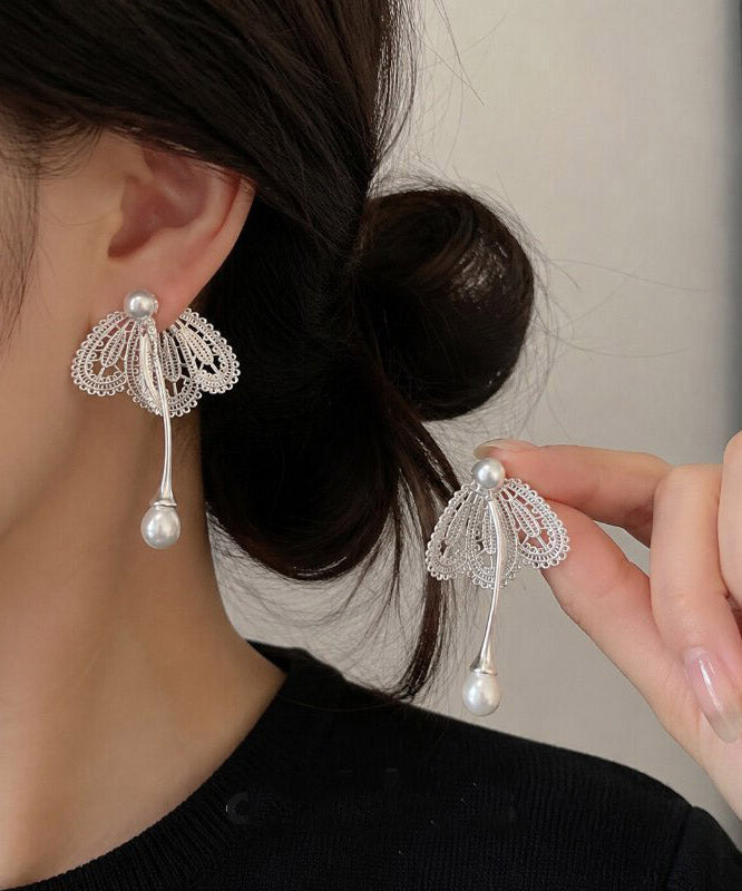 Boutique Silk Alloy Pearl Butterfly Hollow Out Drop Earrings