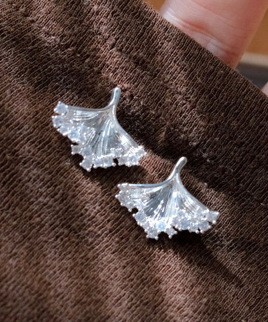 Boutique Silk Copper Silver-Plated Zircon Ginkgo Leaf Stud Earrings