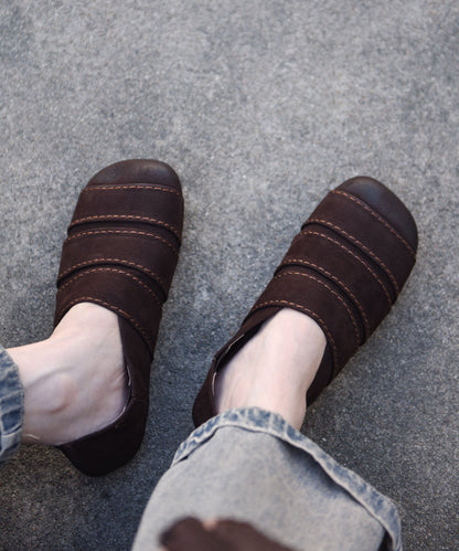 Boutique Splicing Flat Shoes For Women Chocolate Cowhide Leather