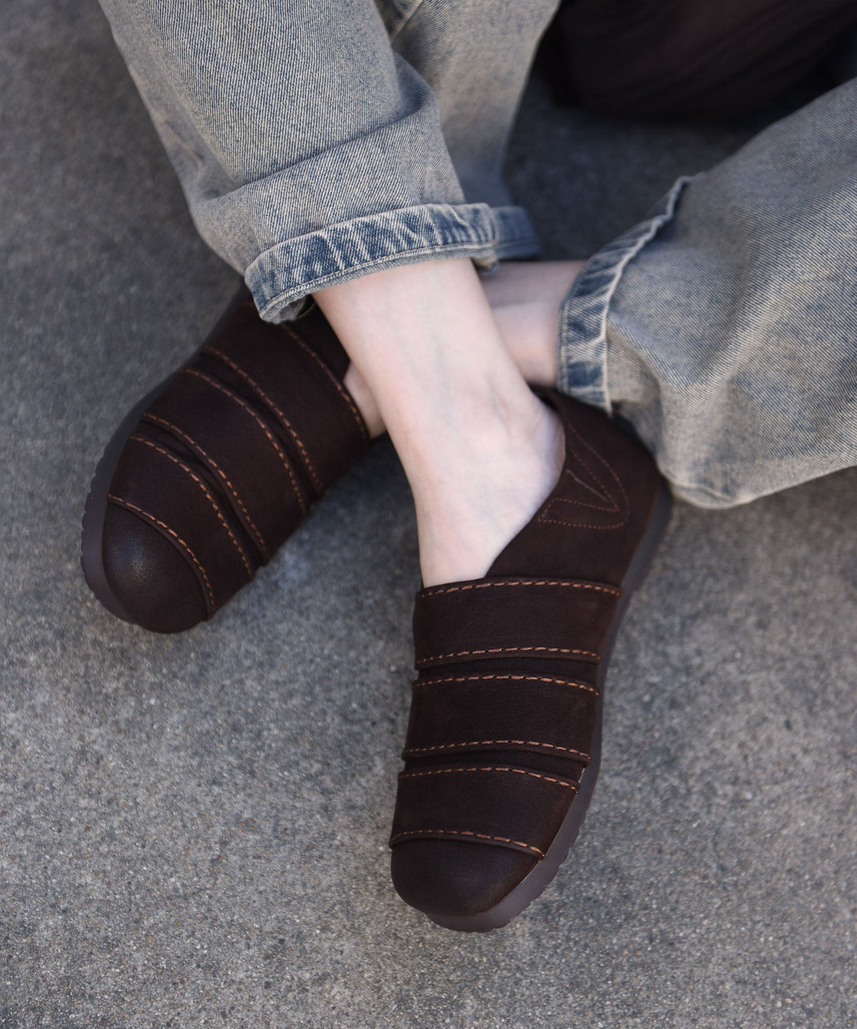 Boutique Splicing Flat Shoes For Women Chocolate Cowhide Leather