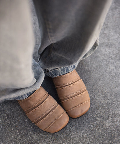 Boutique Splicing Flats Khaki Cowhide Leather