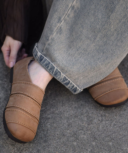 Boutique Splicing Flats Khaki Cowhide Leather