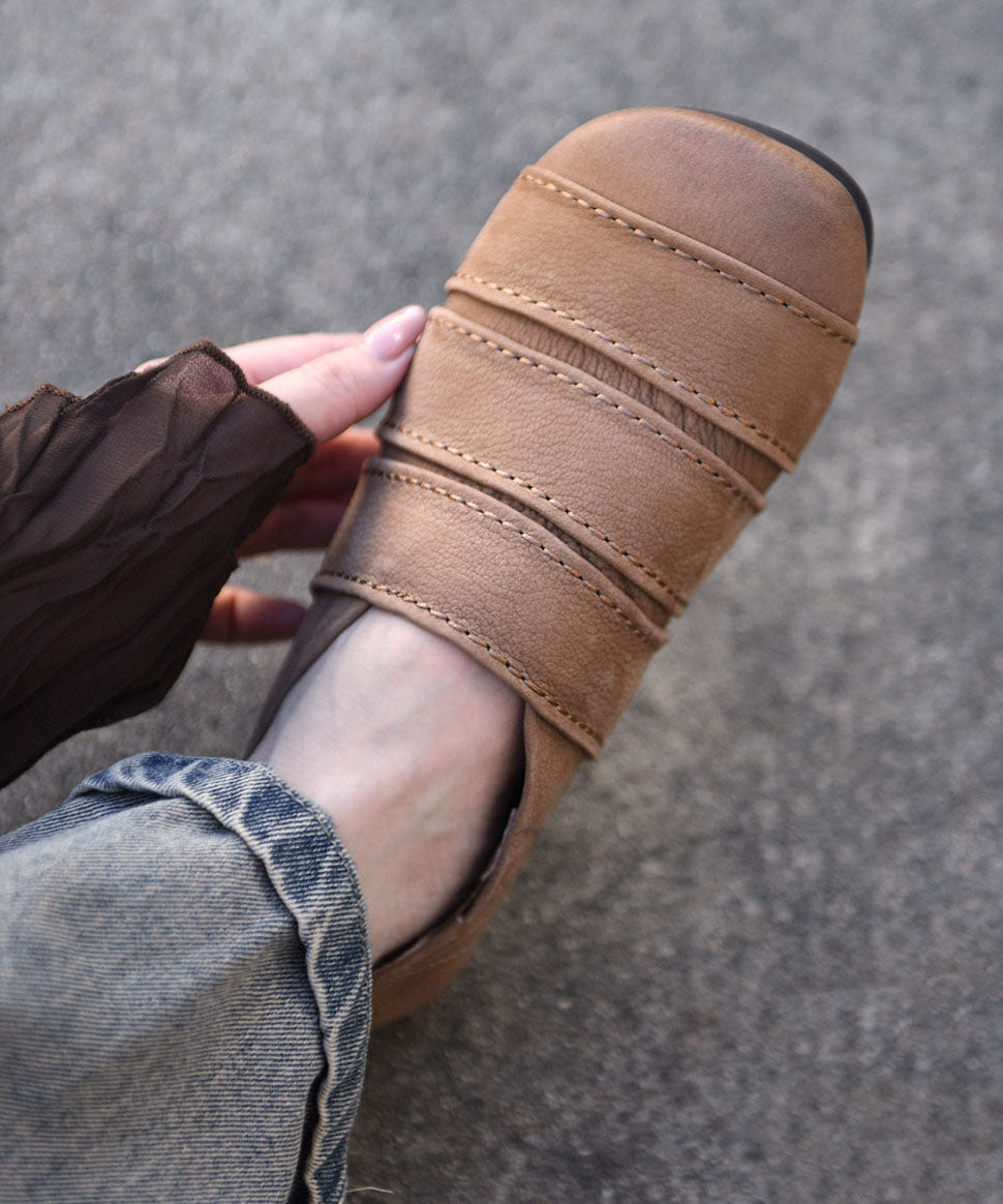 Boutique Splicing Flats Khaki Cowhide Leather