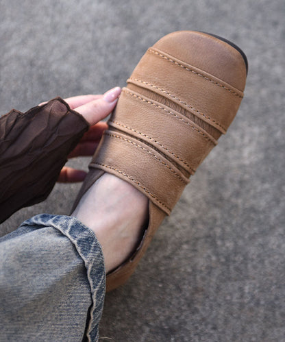 Boutique Splicing Flats Khaki Cowhide Leather