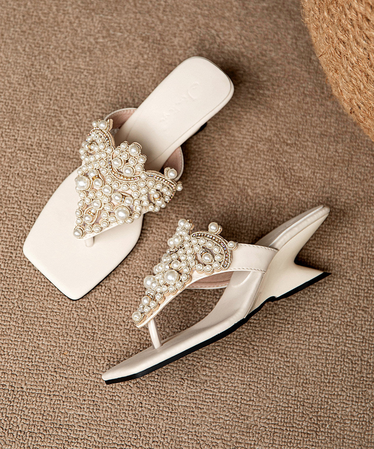 Boutique Splicing Wedge Flip Flops Beige Faux Leather Pearl Zircon