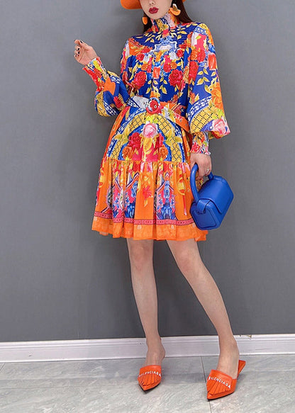 Boutique Stand Collar Print Sashes Wrinkled Chiffon Dress Lantern Sleeve