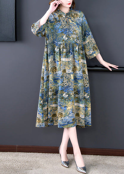 Boutique Stand Collar Wrinkled Print Chiffon Party Dress Summer