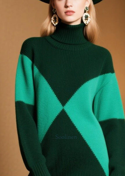 Boutique Tea Green Turtle Neck Patchwork Sweater Dress Winter