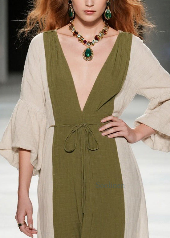Boutique Tea Green V Neck Patchwork Cotton Long Dresses Summer