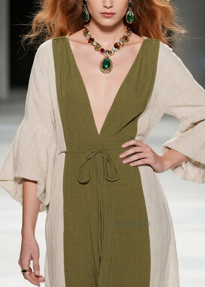 Boutique Tea Green V Neck Patchwork Cotton Long Dresses Summer