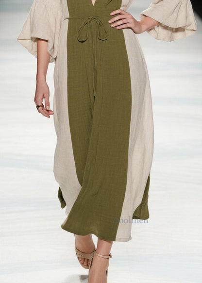 Boutique Tea Green V Neck Patchwork Cotton Long Dresses Summer