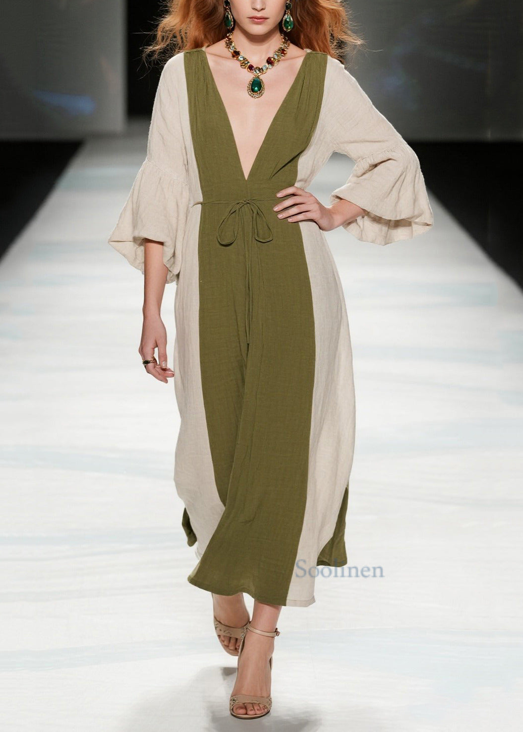 Boutique Tea Green V Neck Patchwork Cotton Long Dresses Summer