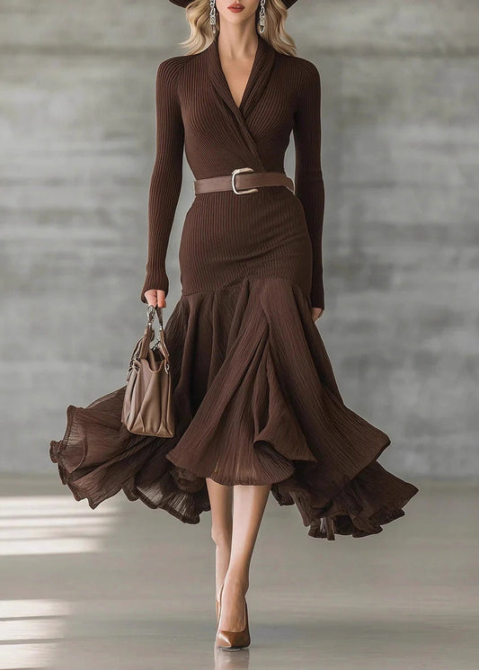Boutique V Neck Asymmetrical Ruffled Patchwork Cotton Maxi Dress Long Sleeve