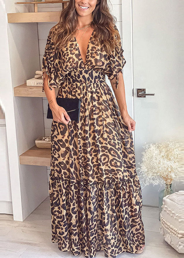 Boutique V Neck Leopard Print Patchwork Ruffled Cinch Long Dresses Short Sleeve