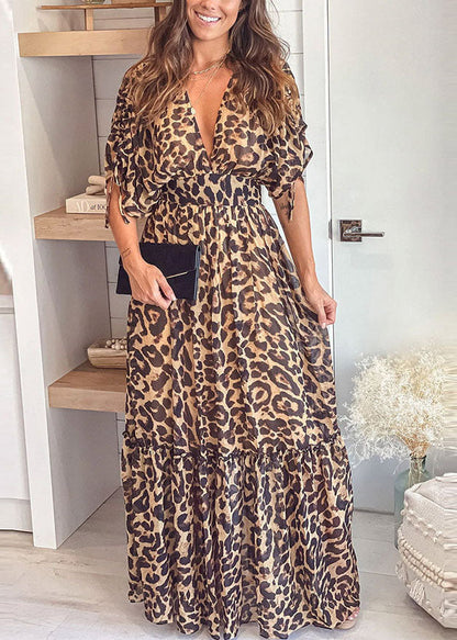 Boutique V Neck Leopard Print Patchwork Ruffled Cinch Long Dresses Short Sleeve