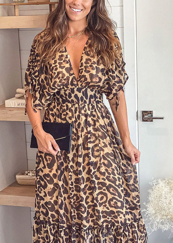 Boutique V Neck Leopard Print Patchwork Ruffled Cinch Long Dresses Short Sleeve