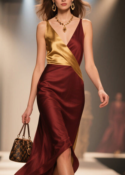 Boutique V Neck Patchwork Silk Spaghetti Strap Dress Summer