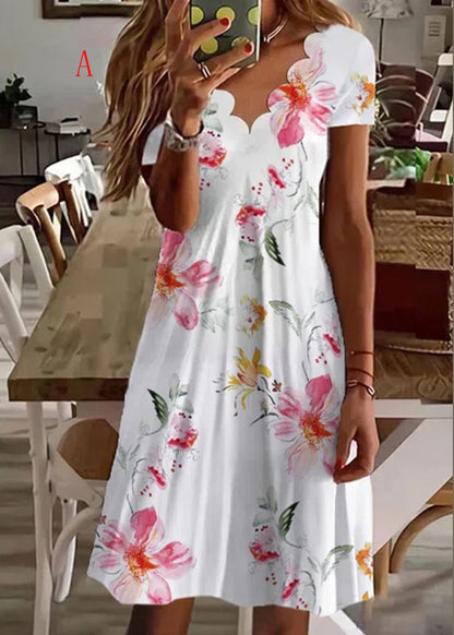 Boutique V Neck Print Cotton Mid Dress Summer