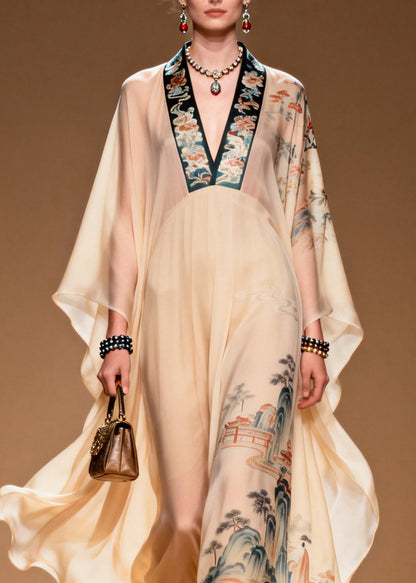 Boutique V Neck Print Patchwork Chiffon Long Dress Spring