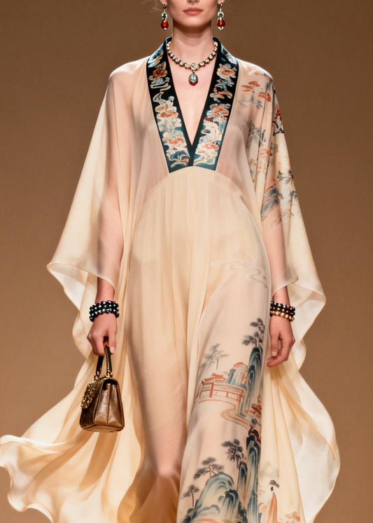 Boutique V Neck Print Patchwork Chiffon Long Dress Spring