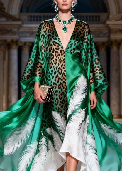 Boutique V Neck Print Patchwork Silk Long Dresses Summer