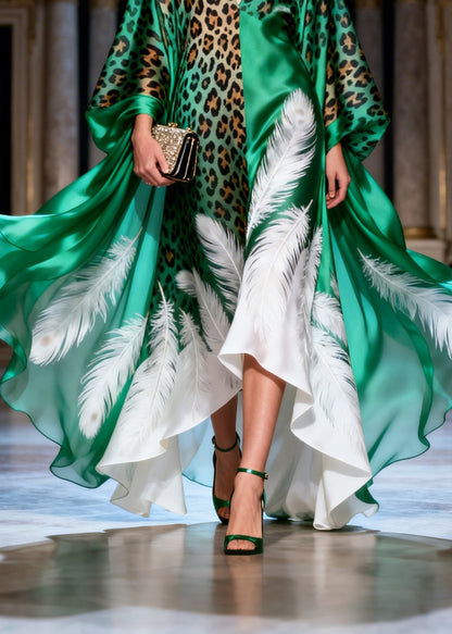 Boutique V Neck Print Patchwork Silk Long Dresses Summer