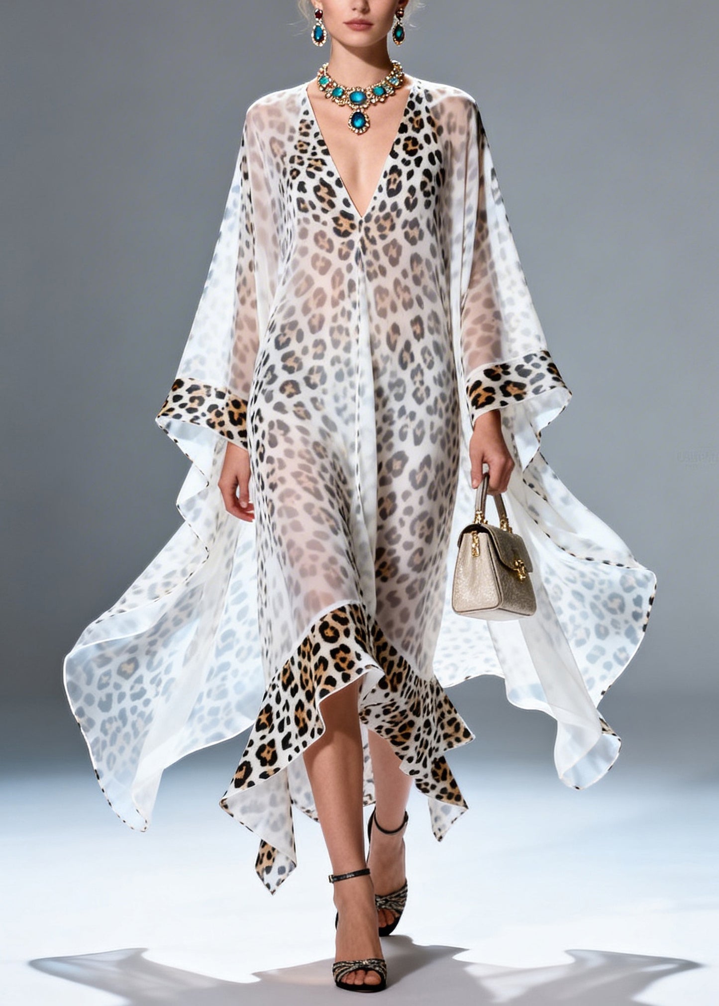 Boutique V Neck Print Ruffled Chiffon Long Dresses Summer