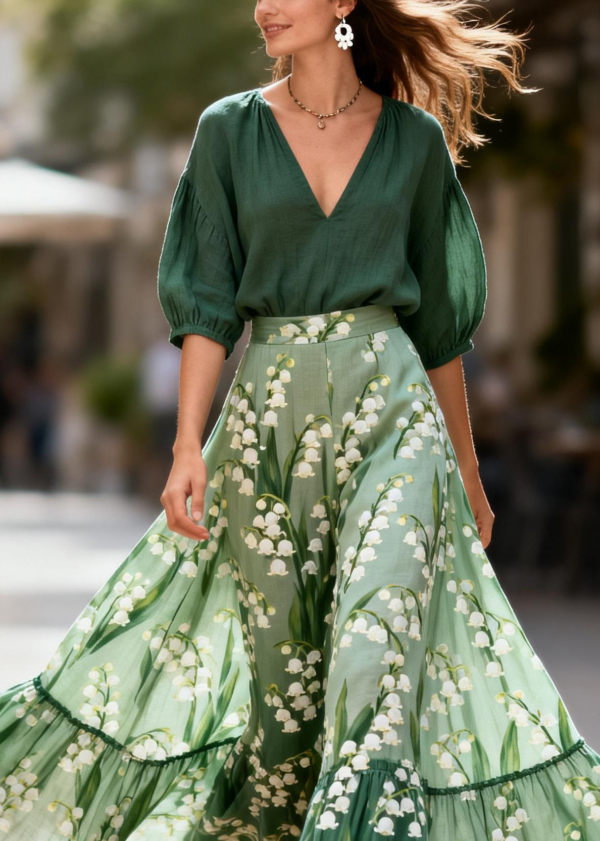 Boutique V Neck Print Top And Skirts Cotton Two Piece Set Summer