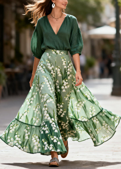 Boutique V Neck Print Top And Skirts Cotton Two Piece Set Summer