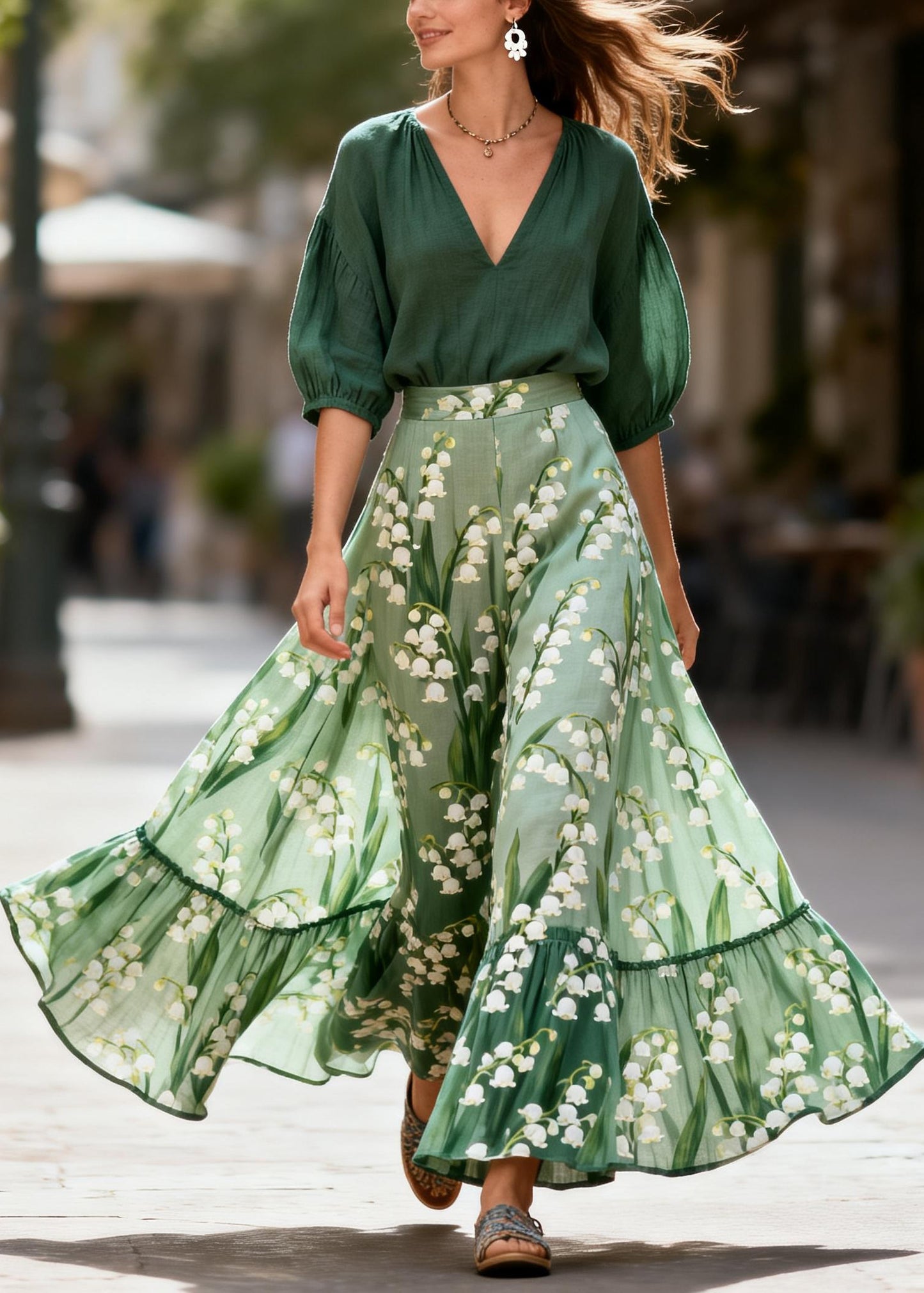Boutique V Neck Print Top And Skirts Cotton Two Piece Set Summer