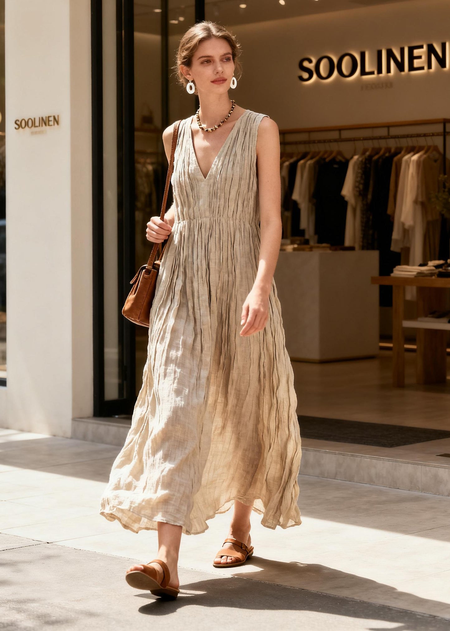 Boutique V Neck Wrinkled Patchwork Cotton Dresses Sleeveless